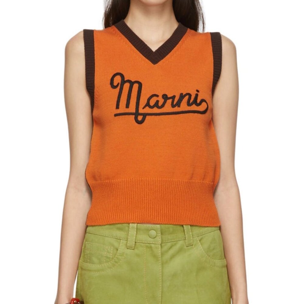 Marni Orange & Brown Logo V-Neck Sweater - Picture 1 of 5